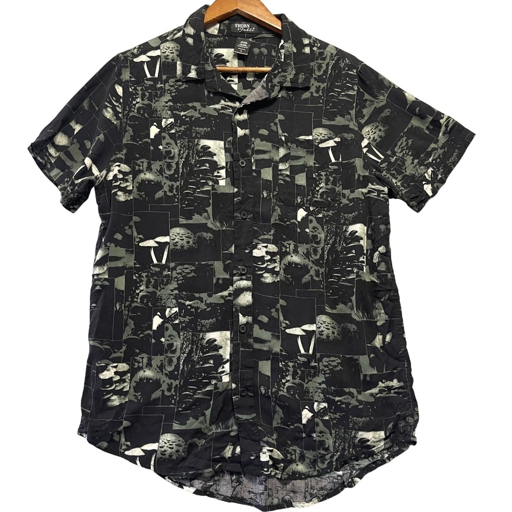 Thorn & Fable Mens Shirt L Black Green Mushroom Graphic Print Goblincore Casual